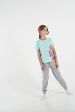 Пижама для девочки 91196 - мятный-серый меланж (Нл)