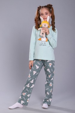 Пижама для девочки Зайцы-морковки арт. ПД-15-048 - ментол-зеленый (Нл)