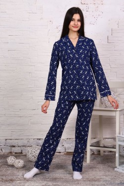 Пижама-костюм для девочки арт. ПД-006 - зайцы на самокатах синие (Нл)