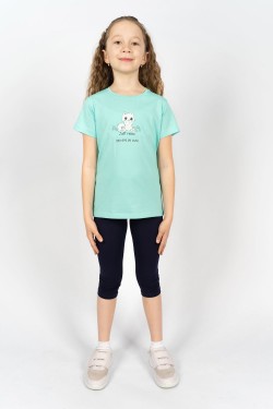 Комплект для девочки 41108 (футболка + бриджи) - мятный-т.синий (Нл)