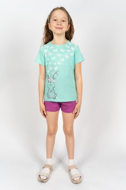 Комплект для девочки 41106 (футболка+ шорты) - мятный-лиловый (Нл)
