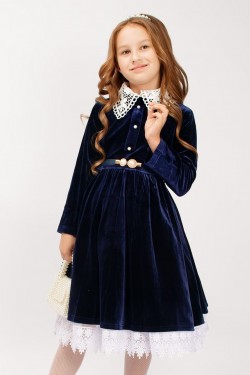 Платье бархатное для девочки со съемным воротником SP0061 - темно-синий (Нл)
