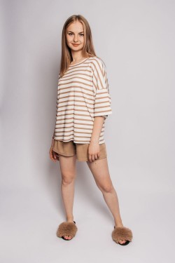 Комплект женский (футболка+шорты) 4357 - белый-коричневая полоска (Нл)