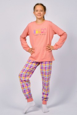 Пижама для девочки 91227 - пыльная роза-розовая клетка (Нл)