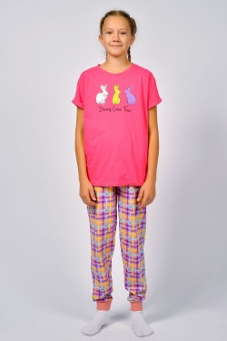 Пижама для девочки 91226 - ярко-розовый-розовая клетка (Нл)