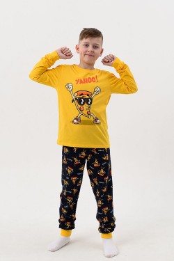 Пижама Пицца детская длинный рукав с брюками - желтый-т.синий (Нл)