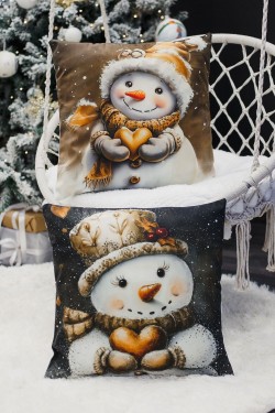 Наволочка декоративная новогодняя 2 шт 3D эффект велюр - СнеговикиИсердце (Нл)