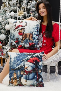 Наволочка декоративная новогодняя 2 шт рогожка - ОленьШапкаСнеговик (Нл)