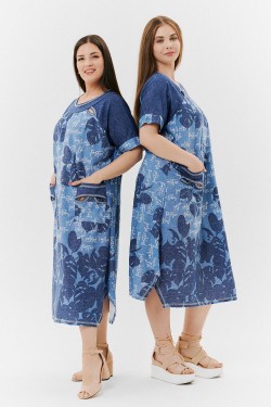 Платье 9136 - монстеры синие (Нл)