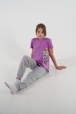 Пижама для девочки 91196 - лиловый-серый меланж (Нл)