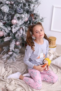 Пижама для девочки Зайцы-морковки арт. ПД-15-048 - серый меланж-розовый (Нл)