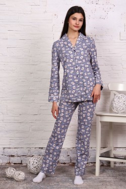 Пижама-костюм для девочки арт. ПД-006 - коты-полоска серые (Нл)