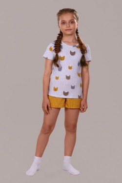 Пижама для девочки Кошки арт.ПД-009-024 - серый меланж-горчичный (Нл)