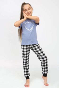91241 Пижама для девочки (футболка, брюки) - голубой-черная клетка (Нл)