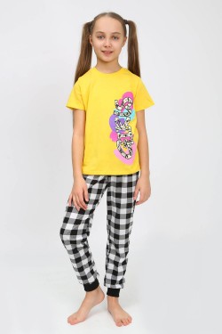 91240 Пижама для девочки (футболка, брюки) - желтый-черная клетка (Нл)