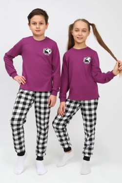 Пижама 91239 детская (джемпер, брюки) - пурпурный-черная клетка (Нл)
