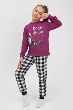 Пижама 91238 для девочки (джемпер, брюки) - пурпурный-черная клетка (Нл)