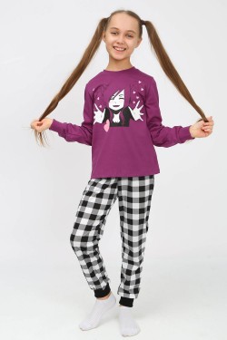Пижама 91237 для девочки (джемпер, брюки) - пурпурный-черная клетка (Нл)