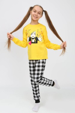 Пижама 91237 для девочки (джемпер, брюки) - желтый-черная клетка (Нл)