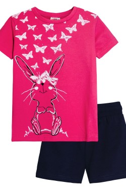 Комплект для девочки 41106 (футболка+ шорты) - розовый-т.синий (Нл)