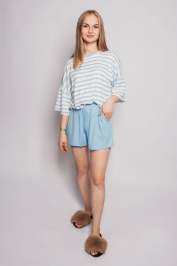Комплект женский (футболка+шорты) 4357 - белый-голубая полоска (Нл)