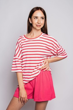 Комплект женский (футболка+шорты) 4357 - белый-малиновая полоска (Нл)