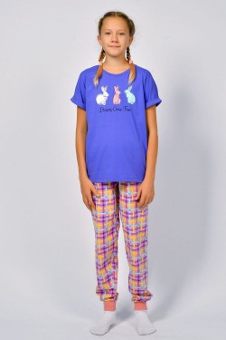 Пижама для девочки 91226 - васильковый-розовая клетка (Нл)