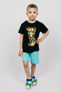 Комплект для мальчика (футболка и шорты) 42114 - черный-яр.бирюзовый (Нл)