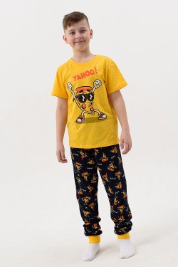 Пижама Пицца детская короткий рукав с брюками - желтый-т.синий (Нл)
